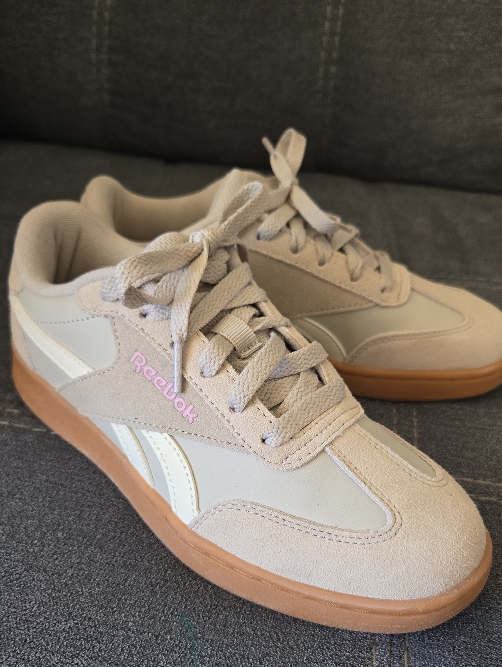 Reebok Gray Sneakers with Gum Sole and Pink Logo